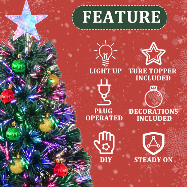Waipfaru 24 Inch Green Fiber Optic Christmas Tree, Prelit Artificial Mini Christmas Tree with Christmas Decorations Ball, Tabletop Small Xmas Tree with Stars, for Christmas Decorations