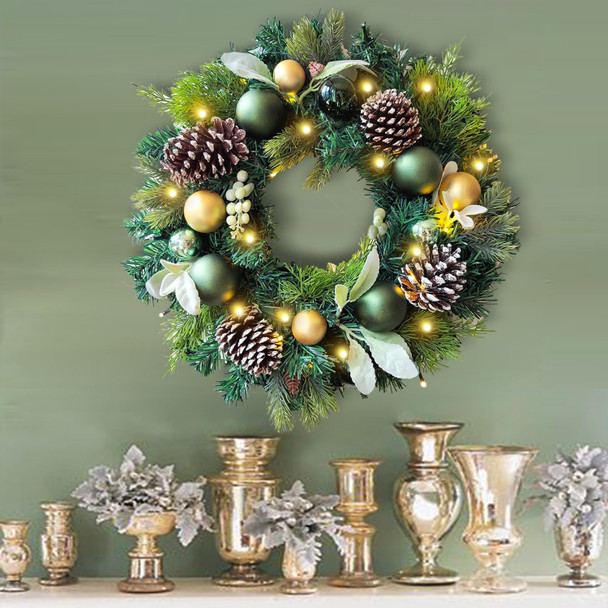 WANNA-CUL Pre-Lit 20 Inch Lighted Christmas Wreath for Front Door Decoration with Green Gold Christmas Ball Ornaments,Battery Operated 30 LED Lights