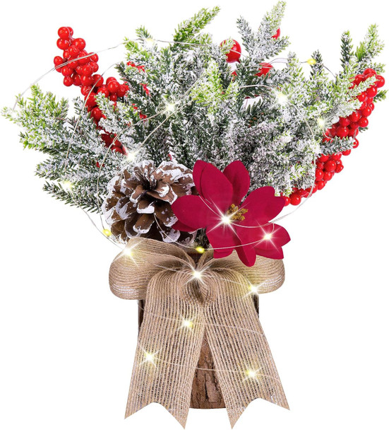 Watayo Artificial Burlap Small Christmas Tree Tabletop Decoration with Lights- 10" x 3" Mini Potted Christmas Tree Table Decoration with Red Berry Pine Cones for Home Room Mantel Party Xmas Decor