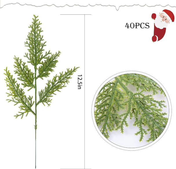 Watayo 40 PCS Artificial Faux Cedar Branches-12.5 Inch Artificial Green Cedar Sprigs-Faux Cedar Pine Stems Picks for DIY Garland Wreath Christmas Embellishing and Home Garden Decoration