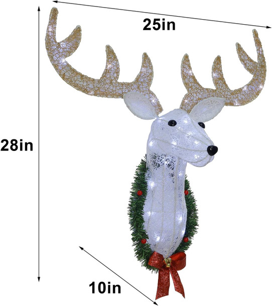 WATERGLIDE Lighted Christmas Wall Decor Reindeer Head, 28" Pre-Lit 3D Rudolph Hanging Wreath with Battery Operated, 8 Modes & Timer, Light Up for Front Door Window Indoor Outdoor Festive Xmas Holiday