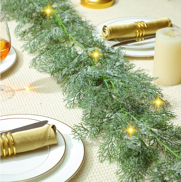 2 Pcs 5.84 Ft LED Artificial Frosted Pine Garland Glitter Frosted Cedar Garland Christmas Faux Cypress Pine Garland Winter Greenery Garland for Table Mantel Holiday Decorations