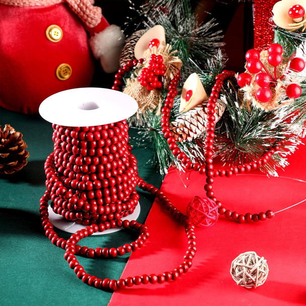 Christmas Wooden Bead Garland Rustic Farmhouse Bead Garland Xmas Tree Bead Ornaments for Christmas Decorations, Total of 26 Feet (Dark Red)