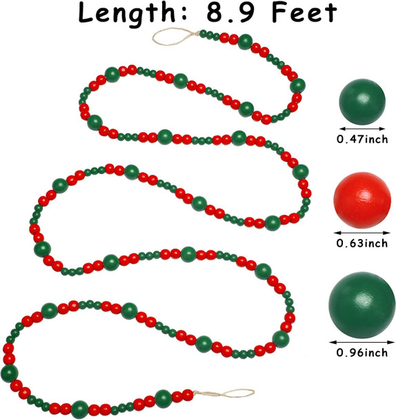 8.9 Feet Christmas Wooden Bead Garland Wood Candy Garland Ornament Xmas Wood Bead Garland Christmas Tree Bead Decoration for Christmas Holiday Party Decoration (Red, Green)