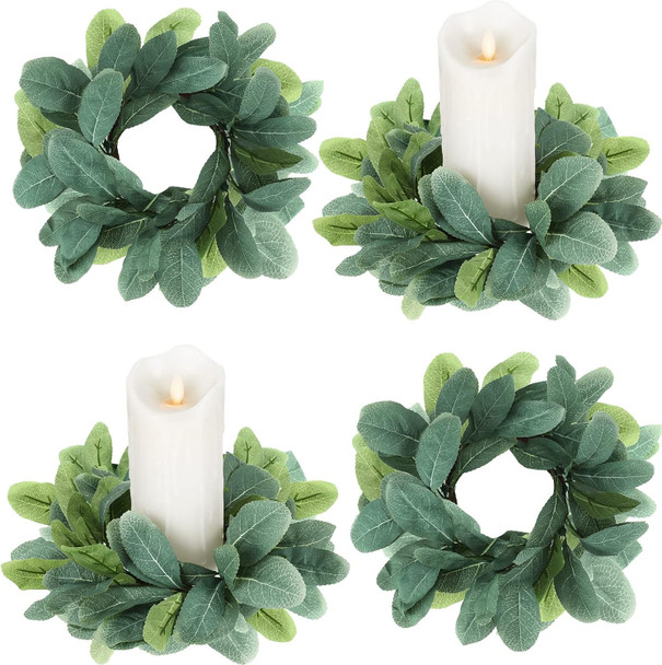 4 Pieces Candle Rings Artificial Eucalyptus Leaves Wreaths Candle Rings Wreaths Small Boho Wreath Pillar Candle Holder for Wedding Home Door Tabletop Decoration (Cute Leaf Style)
