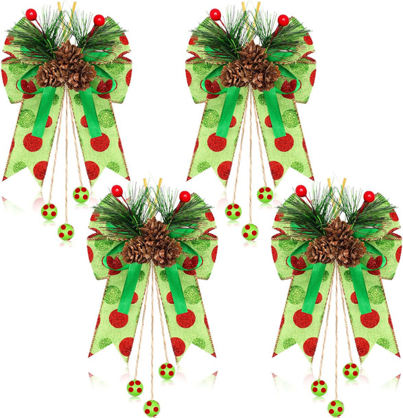Waydress 4 Pcs Red Green Christmas Bows Decoration 8.66 Inch Large Glitter Dot Christmas Bows with Pine Cones Red Green Ribbons Elf Ornaments for Wreaths Garland Christmas Tree Party(Red Green)