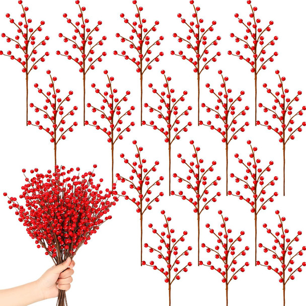 20 Pieces Christmas Artificial Berry Stems for Christmas Tree Decoration 18 Inch Fake Red Berry Picks Twigs Xmas Holly Berry Branches for Crafts Wreath DIY Garland Christmas Home Ornaments Decor