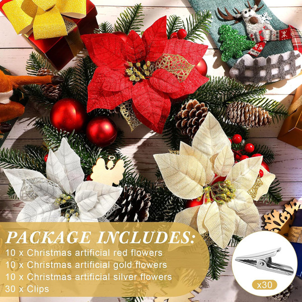 30 Pieces 8 Inches Large Christmas Artificial Poinsettia Flower Christmas Tree Glitter Faux Flowers Floral Wreath Garland Xmas Tree Ornaments for Wedding Holiday Wreath DIY (Red, Gold, Silver)