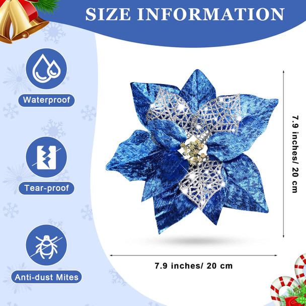 30 Pieces 8 Inches Large Christmas Artificial Poinsettia Flower Christmas Tree Glitter Faux Flowers Floral Wreath Garland Xmas Tree Ornaments for Wedding Holiday Wreath DIY (Blue)