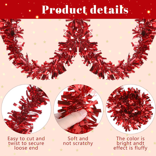 39.4 Feet Christmas Tinsel Garland Metallic Twist Garland Shiny Hanging Garland Ornaments for Christmas Tree Party Supplies Indoor and Outdoor Decoration(Red)