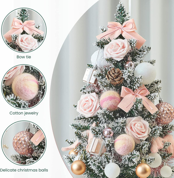 WBHome 1.8 Feet Pre-lit & Pre-Decorated Tabletop Christmas Tree, Rose Gold Ornament Decorations with Pine Cones, Snow Flocked Mini Christmas Tree with Lights, 35 Bulbs (1.8FT)