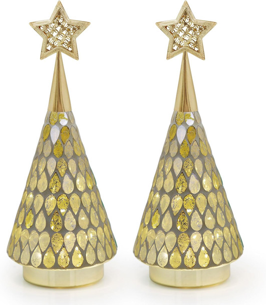 Gold Mosaic Glass Christmas Tree with Star, 2 PCS Small Tabletop Christmas Trees with Light, Battery Operated Xmas Tree for Mantel Decor 11"