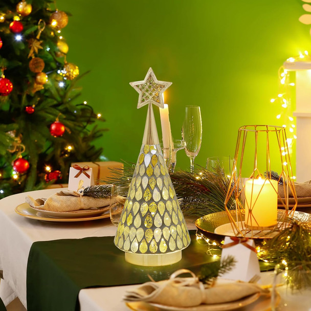 Gold Mosaic Glass Christmas Tree with Star, 2 PCS Small Tabletop Christmas Trees with Light, Battery Operated Xmas Tree for Mantel Decor 11"