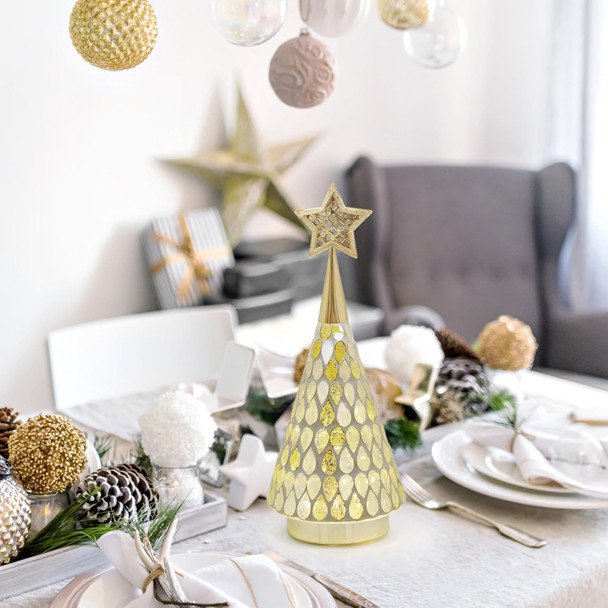 Gold Mosaic Glass Christmas Tree with Star, 2 PCS Small Tabletop Christmas Trees with Light, Battery Operated Xmas Tree for Mantel Decor 11"