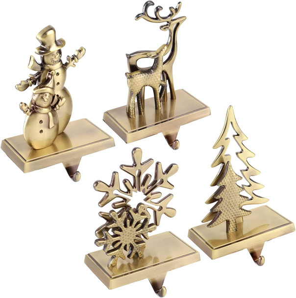 Christmas Stocking Holders for Mantle Christmas Stocking Hangers for Fireplace Anti-Slip Mantel Hanger Hooks for Stocking Hanging Ornament Firepiece Xmas Decor (Bronze Set)