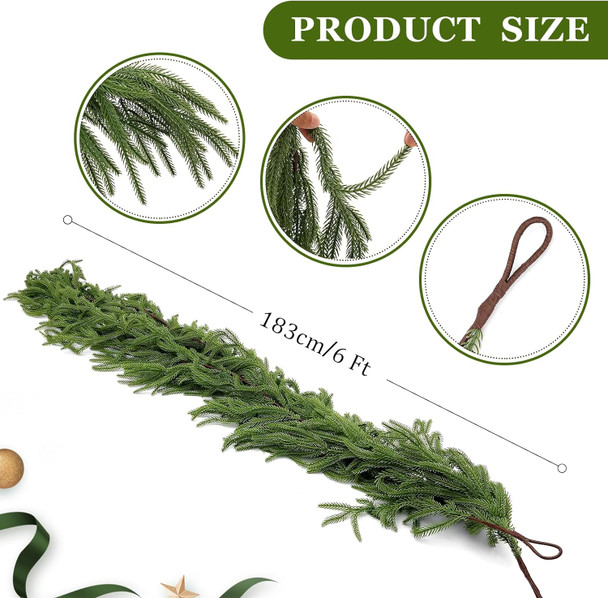 2 Pcs Artificial Norfolk Pine Garlands, Real Touch Winter Pine Garland with Berries, Decorative Balls and LED Light, for Table, Mantle, Wall, Indoor, Outdoor Christmas Decorations (2, 6 FT)