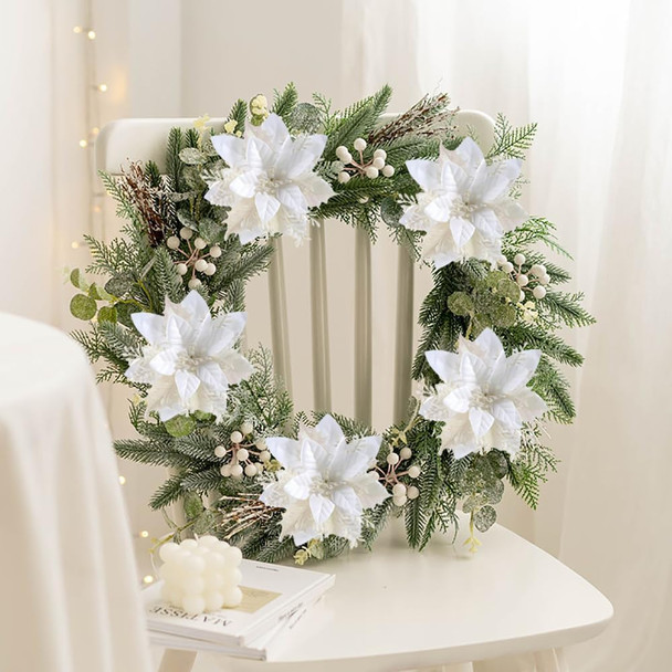 Poinsettia Christmas Decorations Flowers - 12Pcs Artificial Red Gold Poinsettia Christmas Tree Ornaments Glittery for Xmas Year Wedding Party Wreath DIY Garland Decor (White)