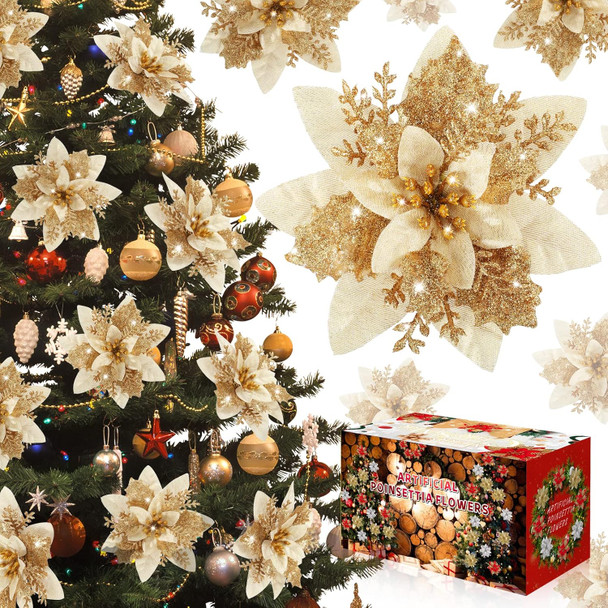 Poinsettia Christmas Decorations Flowers - 12Pcs Artificial Red Gold Poinsettia Christmas Tree Ornaments Glittery for Xmas Year Wedding Party Wreath DIY Garland Decor (Gold)