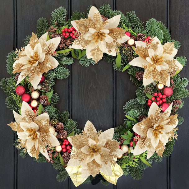 Poinsettia Christmas Decorations Flowers - 12Pcs Artificial Red Gold Poinsettia Christmas Tree Ornaments Glittery for Xmas Year Wedding Party Wreath DIY Garland Decor (Gold)