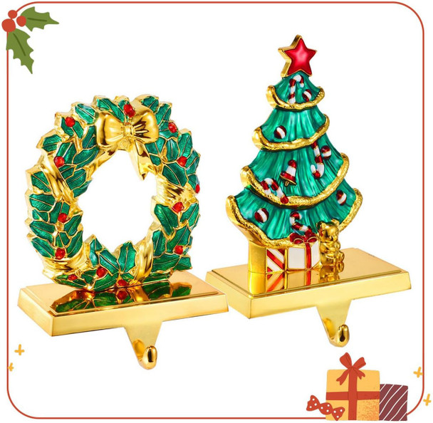 Stocking Holders for Mantel, Christmas Stocking Hangers for Fireplace, Xmas Wreath Theme Holders Stocking Hooks for Mantelpiece, Metal Christmas Tree Stocking Hangers for Xmas Decoration