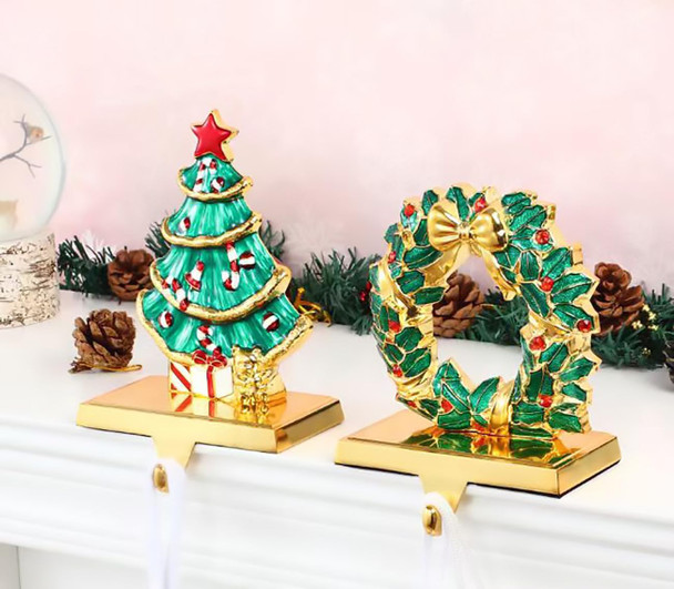 Stocking Holders for Mantel, Christmas Stocking Hangers for Fireplace, Xmas Wreath Theme Holders Stocking Hooks for Mantelpiece, Metal Christmas Tree Stocking Hangers for Xmas Decoration