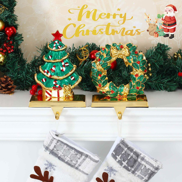 Stocking Holders for Mantel, Christmas Stocking Hangers for Fireplace, Xmas Wreath Theme Holders Stocking Hooks for Mantelpiece, Metal Christmas Tree Stocking Hangers for Xmas Decoration