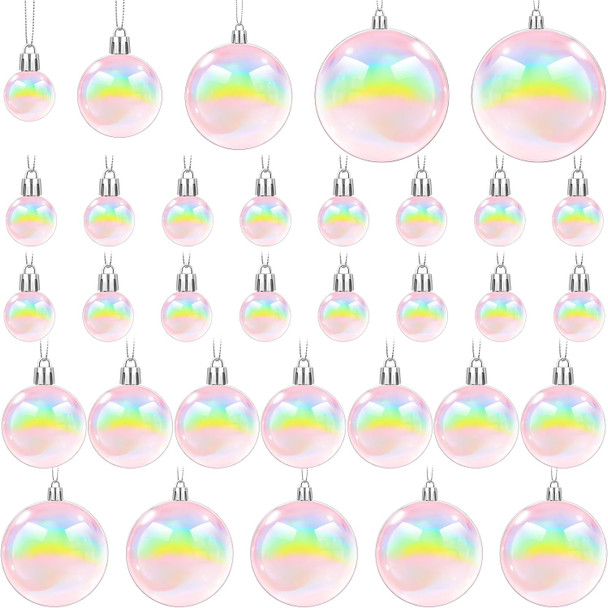 Wettarn 50 Pcs Christmas Iridescent Ornaments Balls 1.2'' 2'' 3.2'' 4'' Transparent DIY Shatterproof Hanging Christmas Rainbow Christmas Ornaments Decorations Xmas Tree Wreath Holiday Party(Pink)