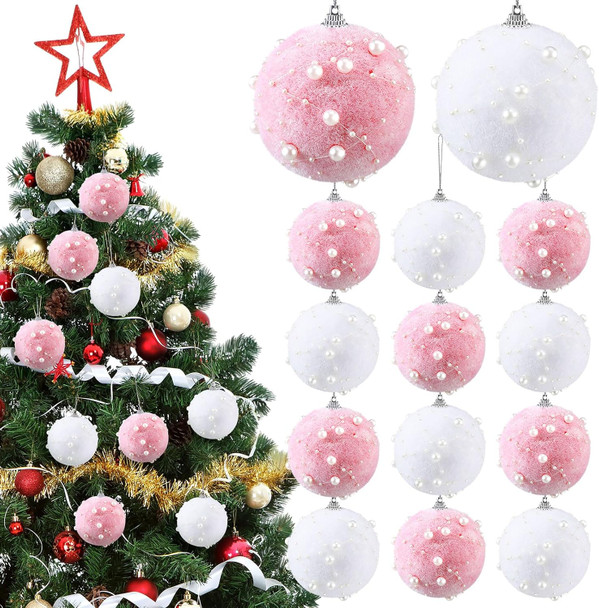 Wettarn 24 Pcs Christmas Tree Ball Ornament Pastel Pink White Plush Christmas Ball Ornaments 3.15 Inch Decorative Hanging Decor for Xmas Tree Year Holiday Wedding Party Wreath Garland Decorations