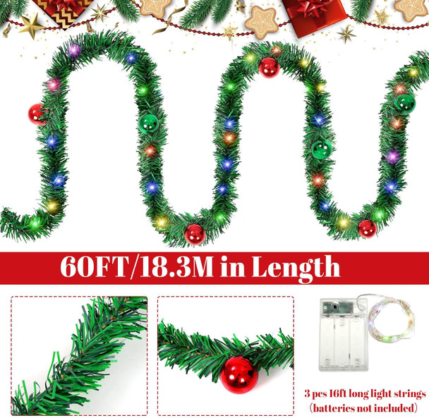 60 ft Prelit Christmas Garland with Lights Lighted Artificial Pine Garlands with 40 Balls Outdoor Christmas Garlands Hanging Garland for Fireplace Mantle Stair Railing Holiday Decorations