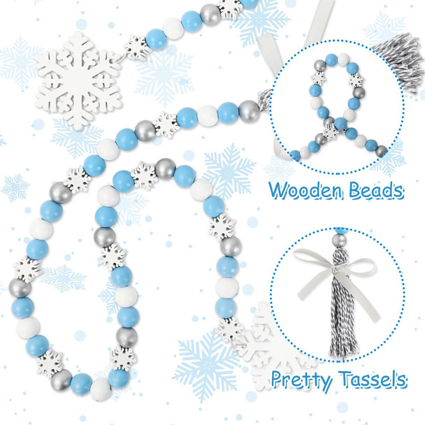 Whaline 2Pcs Winter Wood Bead Garland with Snowflake Tassel Xmas Tree Blue White Silver Snowflake Garland Tiered Tray Decor Rustic Farmhouse Wooden Bead Garland for Winter Home Fireplace Decor