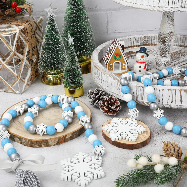 Whaline 2Pcs Winter Wood Bead Garland with Snowflake Tassel Xmas Tree Blue White Silver Snowflake Garland Tiered Tray Decor Rustic Farmhouse Wooden Bead Garland for Winter Home Fireplace Decor