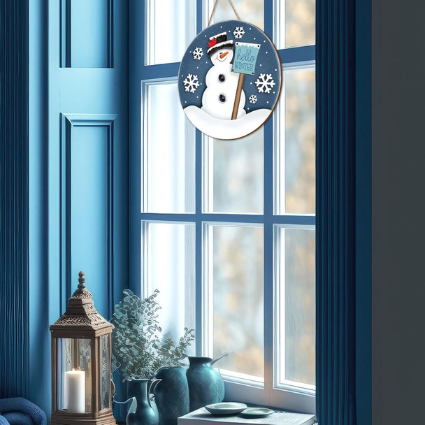Whaline Christmas Snowman Wooden Hanging Sign Hello Winter Door Hanger Sign Snowflake Front Door Decor Xmas Winter Welcome Wreath Sign for Indoor Outdoor Home Farmhouse Wall Window Decor