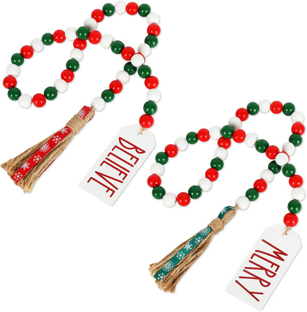 Whaline 2Pcs Christmas Wooden Bead Garlands Xmas Natural Wood Bead Garland with Rope Tassel Classical Red Green Beads Hanging Decor for Farmhouse Tiered Tray Home Wall Decor Christmas Party Suppliers