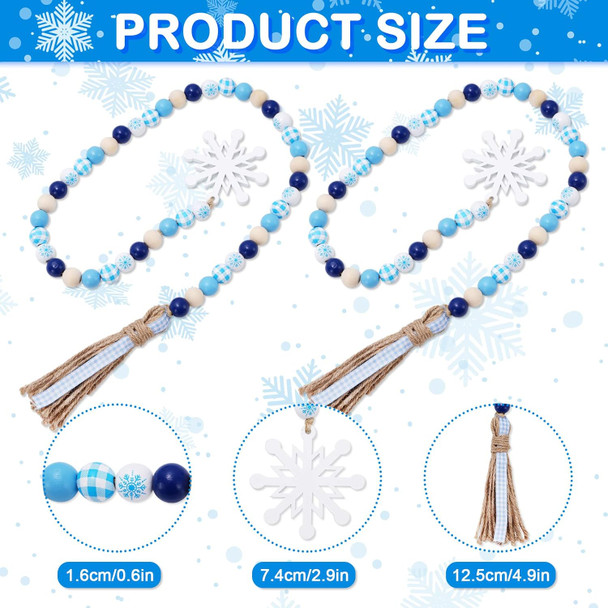 Whaline 2Pcs Winter Wood Beads Garland with Snowflake Pendants Blue White Buffalo Plaids Rustic Farmhouse Xmas Hanging Ornament Snow Flake Beads for Winter Tiered Tray Fireplace Home Decor
