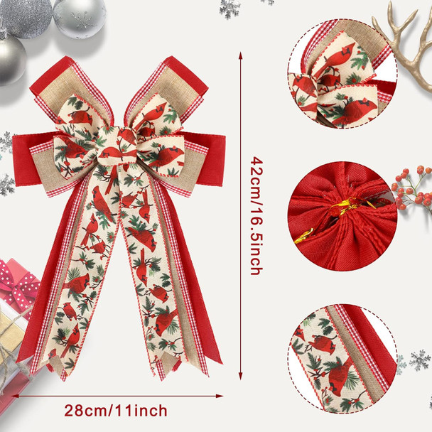 Whaline Christmas Wreath Bow Red Cardinal Birds Pattern Burlap Bow 16.5 x 11 Inch Xmas Special Design Tree Topper Ornament Bow for Christmas Party Indoor Outdoor Home Door Fireplace Decor