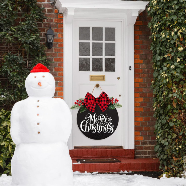 Whaline Merry Christmas Wooden Hanging Sign Door Decoration Wreath Buffalo Plaid Bow Welcome Sign for Home Indoor Outdoor Wall Window