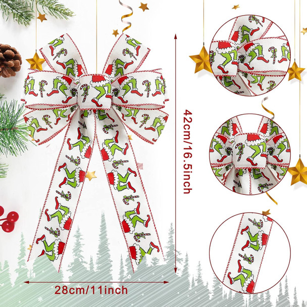 Whaline 2 Pack Christmas Wreath Bow Green Red Cartoon Character Burlap Bow Funny Design Candy Cane Xmas Tree Ornament Wreath Bow for Christmas Indoor Outdoor Festive Home Decoration, 11 x 16.5inch