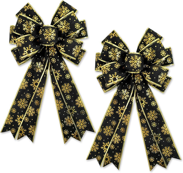 Whaline 2 Pack Christmas Wreath Bow Black Gold Snowflake Burlap Bow Xmas Decorative Tree Topper Ornaments Bow for Winter Indoor Outdoor Home Party Decor, 19.7 x 11.4 Inch