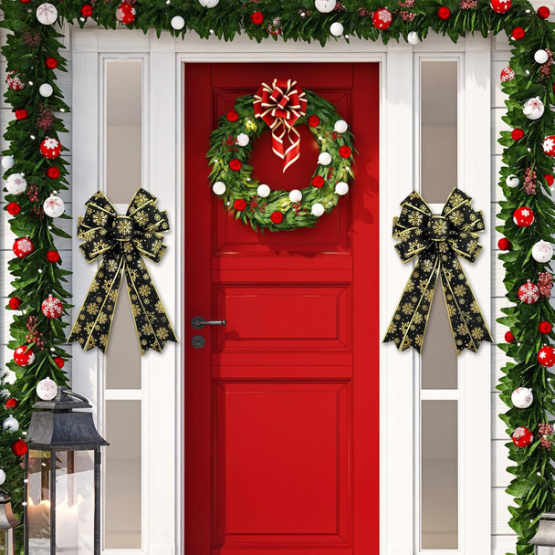 Whaline 2 Pack Christmas Wreath Bow Black Gold Snowflake Burlap Bow Xmas Decorative Tree Topper Ornaments Bow for Winter Indoor Outdoor Home Party Decor, 19.7 x 11.4 Inch