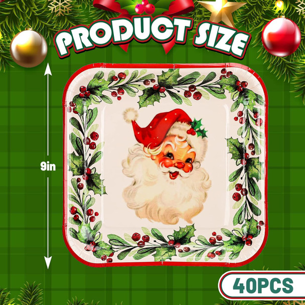 Whaline Christmas Paper Square Plates 40 Pieces Vintage Santa Claus Xmas Wreath Party Disposable Tableware Holiday Supplies for Home Kitchen Table Decor, 9 Inch Whaline Christmas Paper Square Plates 40 Pieces Vintage Santa Claus Xmas Wreath Party Disposable Tableware Holiday Supplies for Home Kitchen Table Decor, 9 Inch