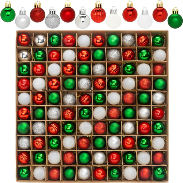 100 Pcs Mini Christmas Ball Ornaments Set, 1.18'' Red Green and White Small Shatterproof Xmas Tree Ornament Hanging Ball Bulk Decorations for Holiday Party, Wreath, Garland, Winter Decor