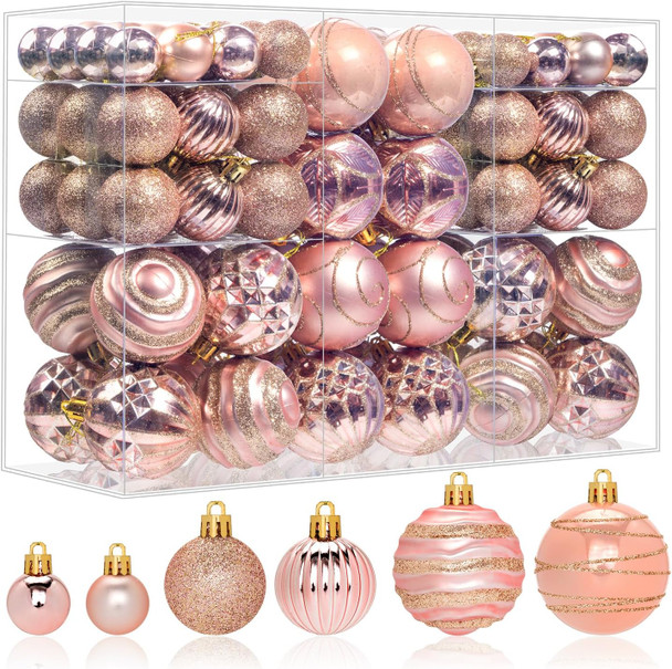 100 Pcs Christmas Ball Ornaments Set, Rose Gold Xmas Tree Decoration, Shatterproof Decorative Hanging Balls with Loop for Christmas Party Holiday Wreath Garland Home Decor