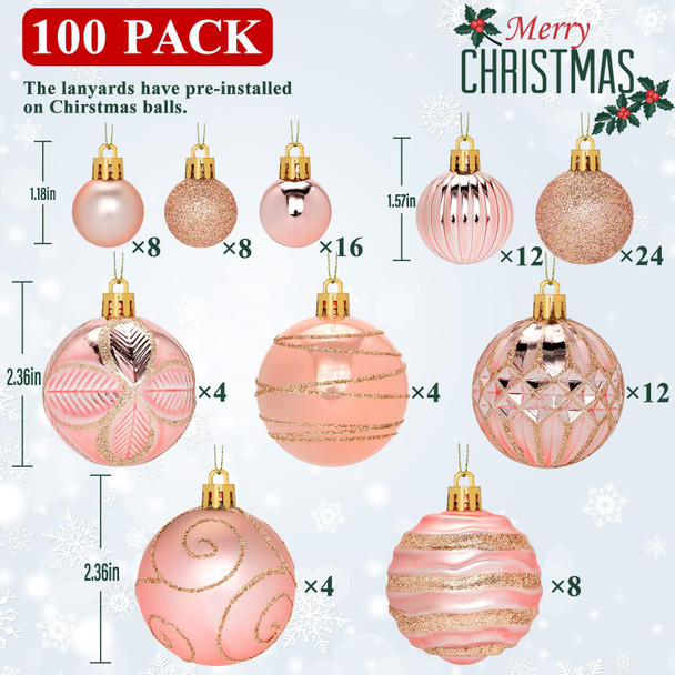 100 Pcs Christmas Ball Ornaments Set, Rose Gold Xmas Tree Decoration, Shatterproof Decorative Hanging Balls with Loop for Christmas Party Holiday Wreath Garland Home Decor