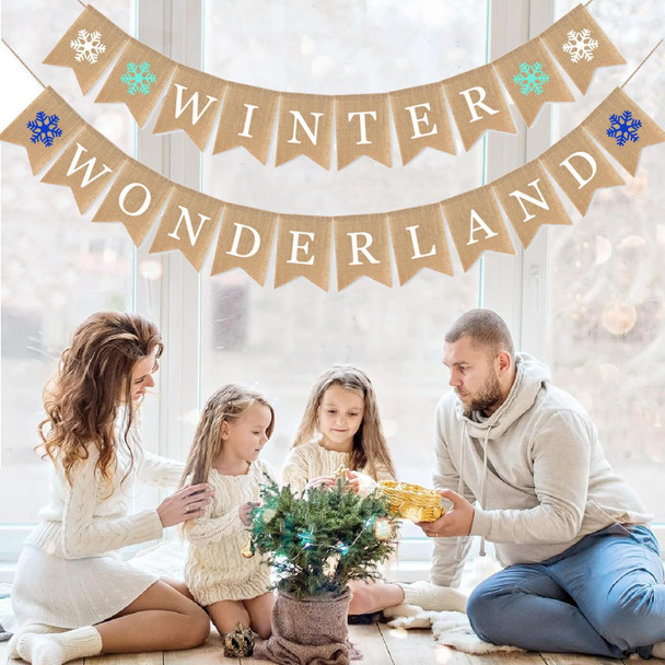 Winter Wonderland Banner Burlap Snowflake Christmas Sign Home Decoration Holiday Mantel Fireplace Bunting Garland Decoration Festival Flags Family Gardens Indoor Outdoor Banner (Winter Wonderland)