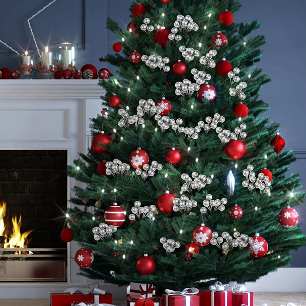 WILLBOND 200 Pieces Artificial Holly Berries for Christmas Tree Decor Fake Berry Stems Picks Set Winter Home Decor Crafts DIY Wreath Garland Christmas Decoration(Silver)