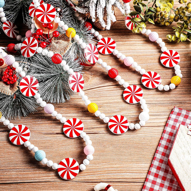 Christmas Wooden Bead Garland Christmas Tree Wood Candy Garland Red and White Peppermint Candy Beaded Garland Christmas Tree Decorations for Xmas Party Supplies Holiday Favors, 9 Ft
