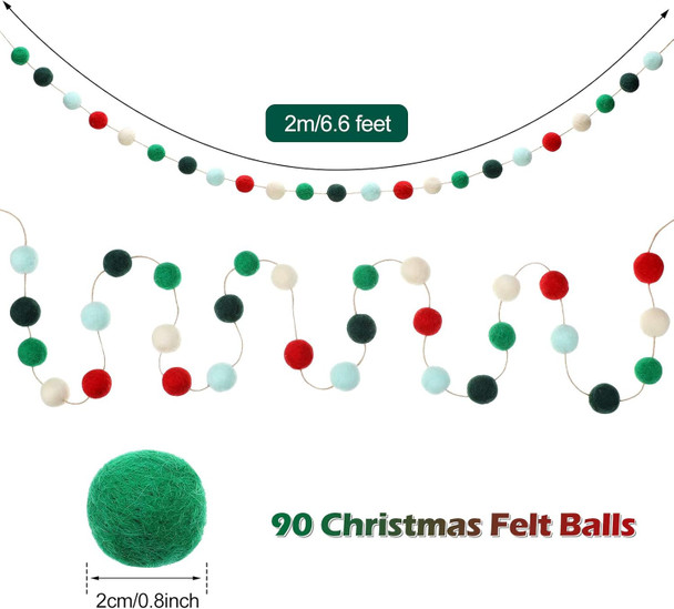 3 Pieces Christmas Felt Balls Garland Wool Pom Pom Garland Ball Banner for Christmas Party Holiday Decoration (Red, White, Green, Lake Green, Dark Green)