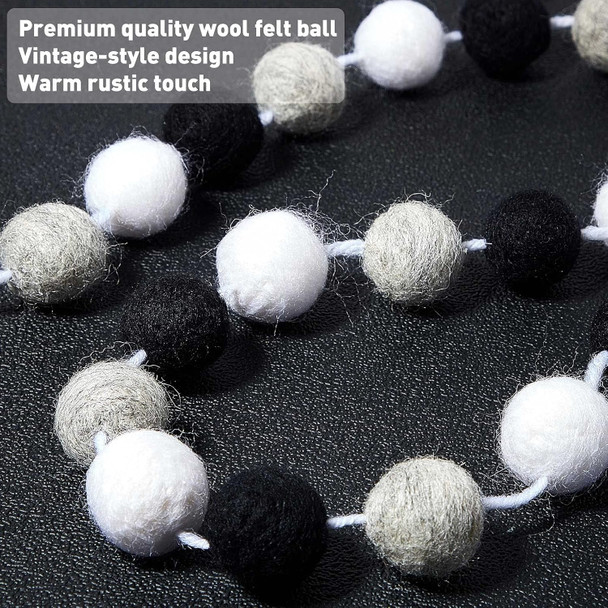 3 Pieces Wool Felt Ball Garland Colorful Pom Pom Garland 6.56 Feet Long 24 Ball Garland for Winter Christmas Easter Thanksgiving Halloween Wall Decoration (Black, Gray, White)