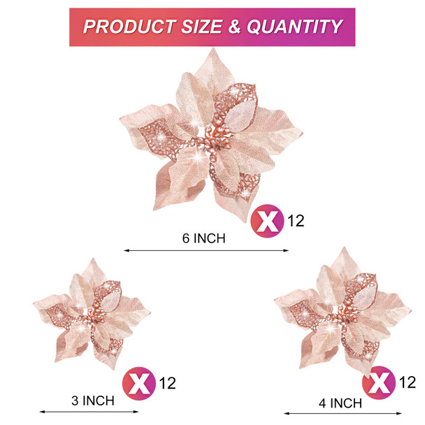 WILLBOND 36 Pieces Christmas Poinsettia Glitter Faux Flowers Christmas Artificial Flowers Tree Ornaments Topper Xmas Decorations(Rose Gold) WILLBOND 36 Pieces Christmas Poinsettia Glitter Faux Flowers Christmas Artificial Flowers Tree Ornaments Topper Xmas Decorations(Rose Gold)