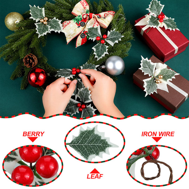48 Pieces Artificial Holly Berries with Green Leaves Gold Red Holly Berry Stems with Leaves Artificial Holly Leaves and Berries for Christmas Wreath Arrangement Cake Toppers Craft Wedding Party Home